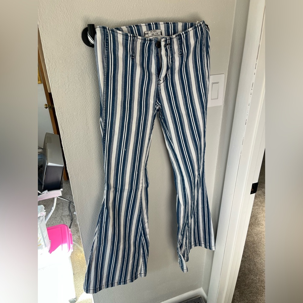 Free People Blue & White Striped Flare Jeans